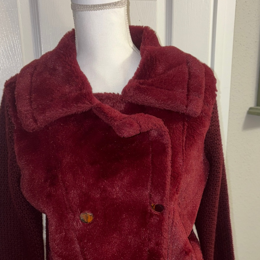 Burgundy Faux Fur and Knit Sweater Coat - Picture 10 of 16
